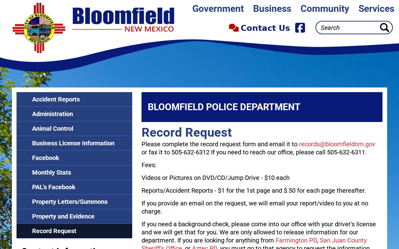 Bloomfield warrant records police request page