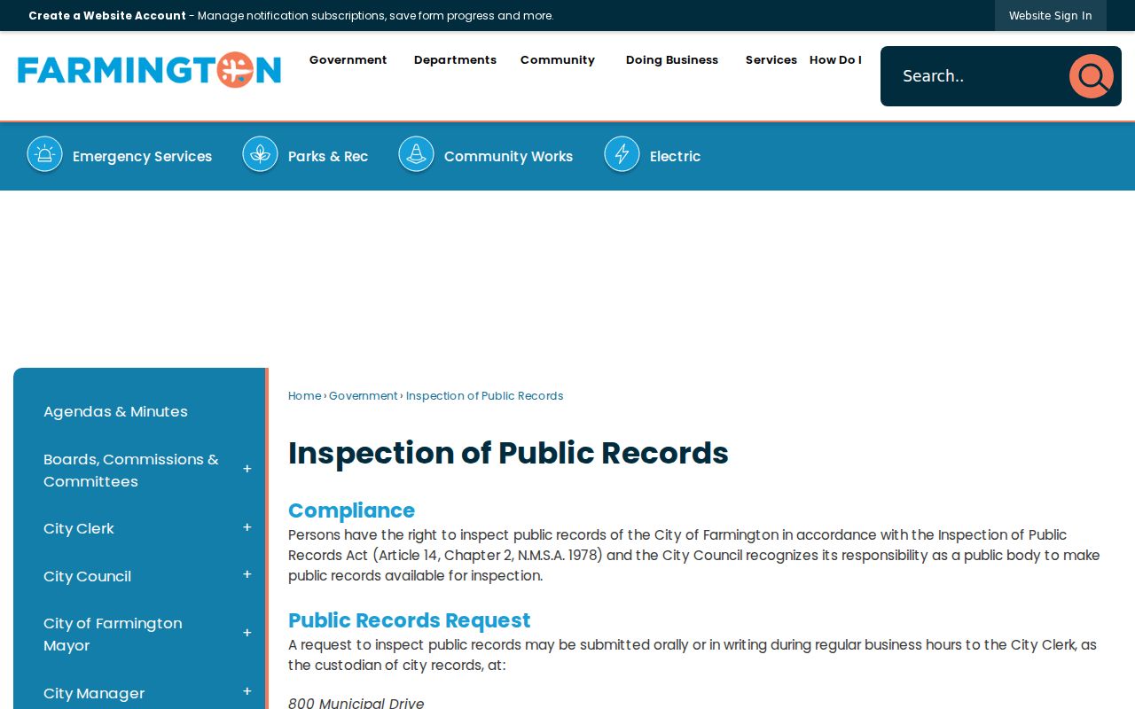 Farmington warrant records city public-records page